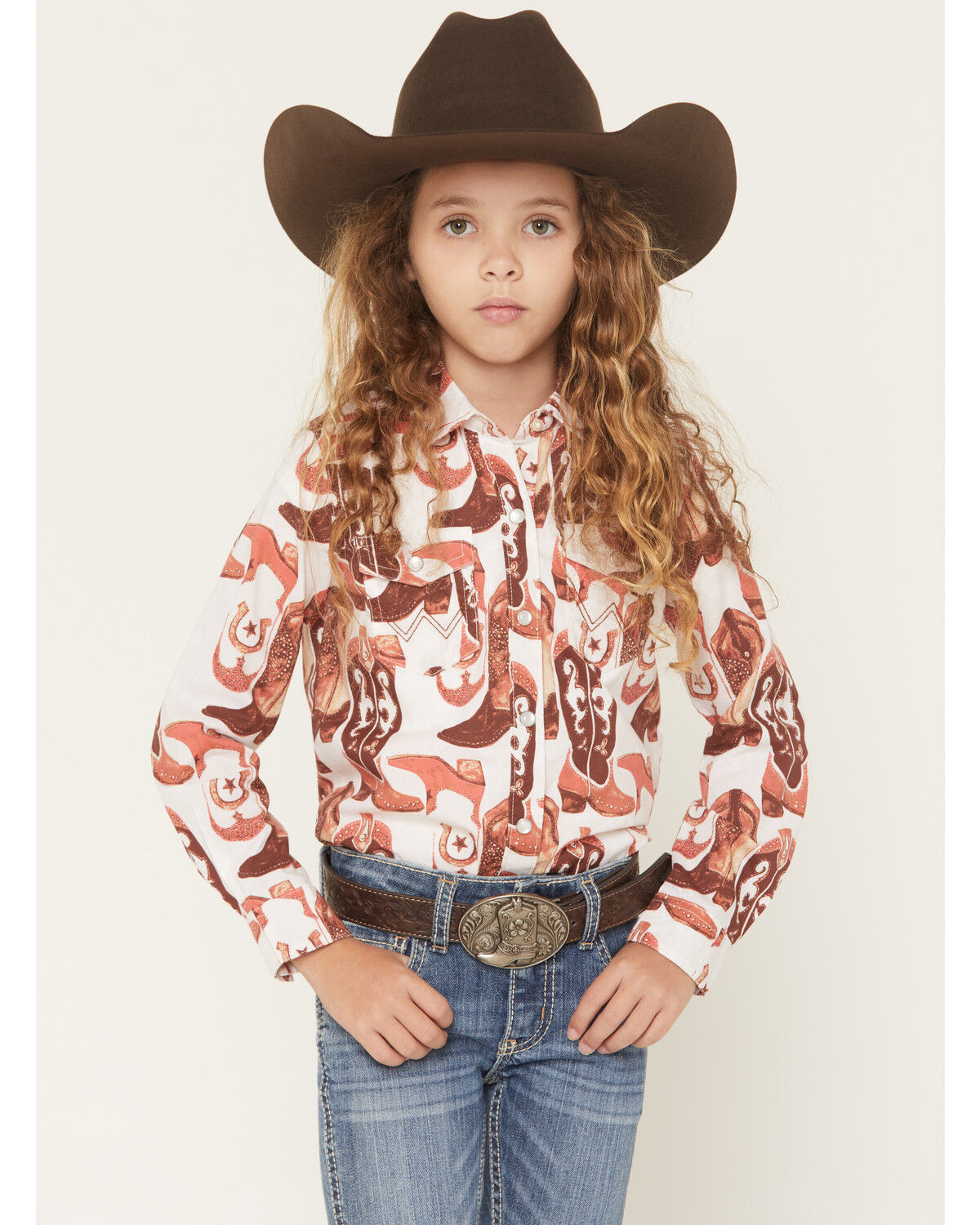 Wrangler Girls' Boot Print Long Sleeve Pearl Snap Western Shirt, White, hi-res