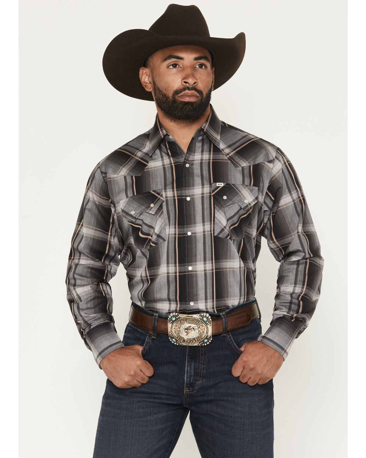 Image #1 - Ely Walker Men's Plaid Print Long Sleeve Pearl Snap Western Shirt - Tall, Black, hi-res