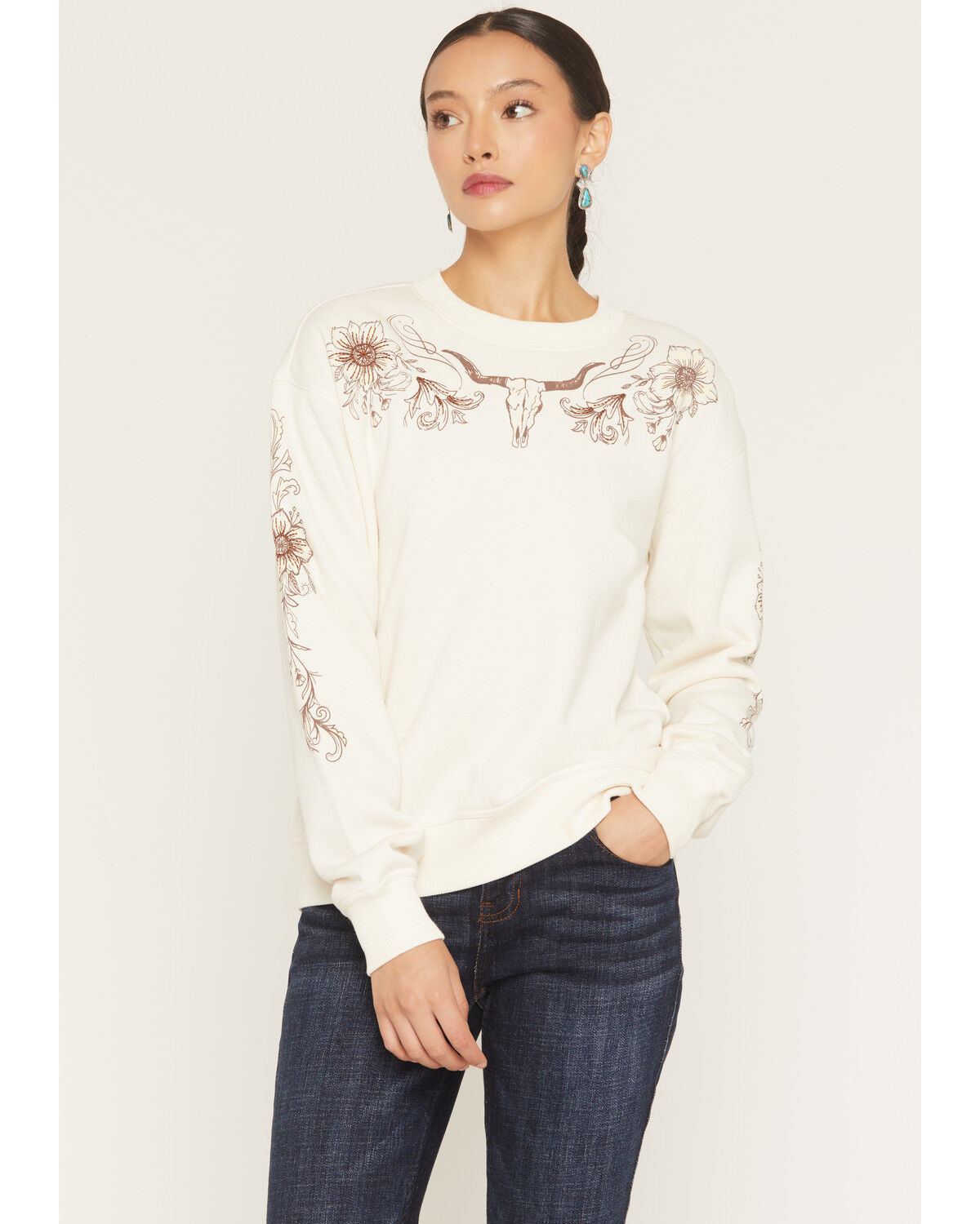 Image #1 - Idyllwind Women's Solona Steerhead Yoke Embroidered Crewneck Sweatshirt, Cream, hi-res