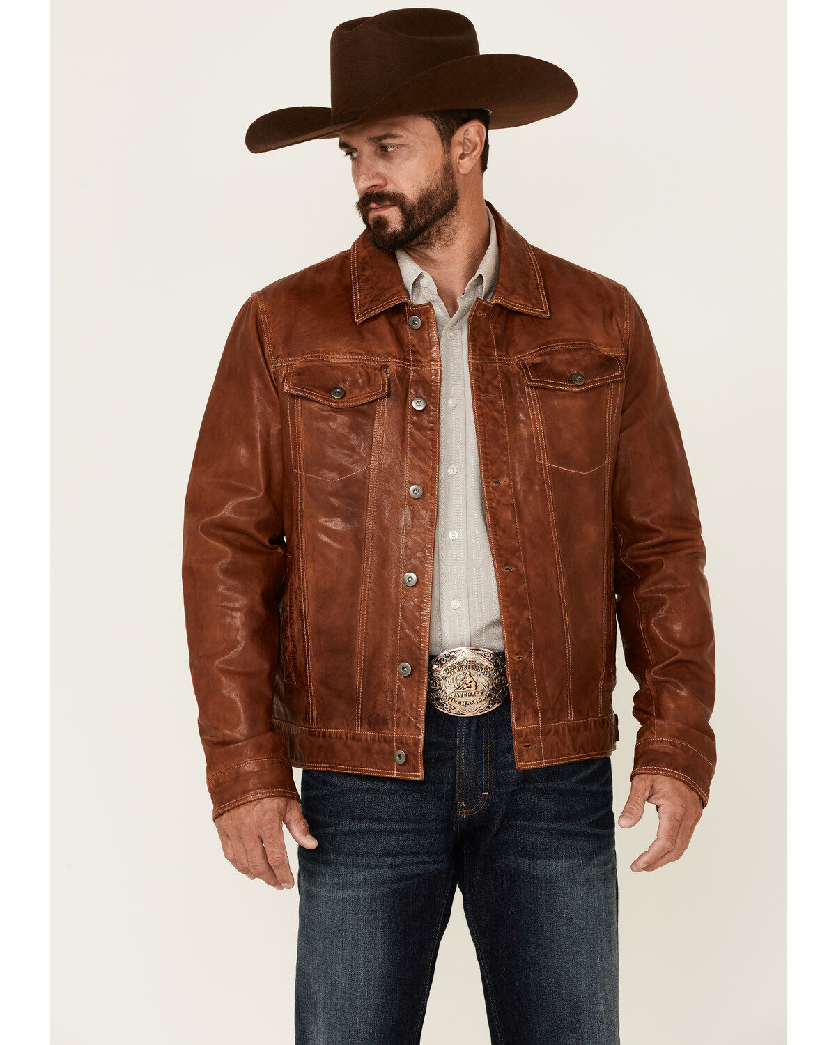 Scully Men's Tan Leather Button-Front Trucker Jacket, Tan, hi-res
