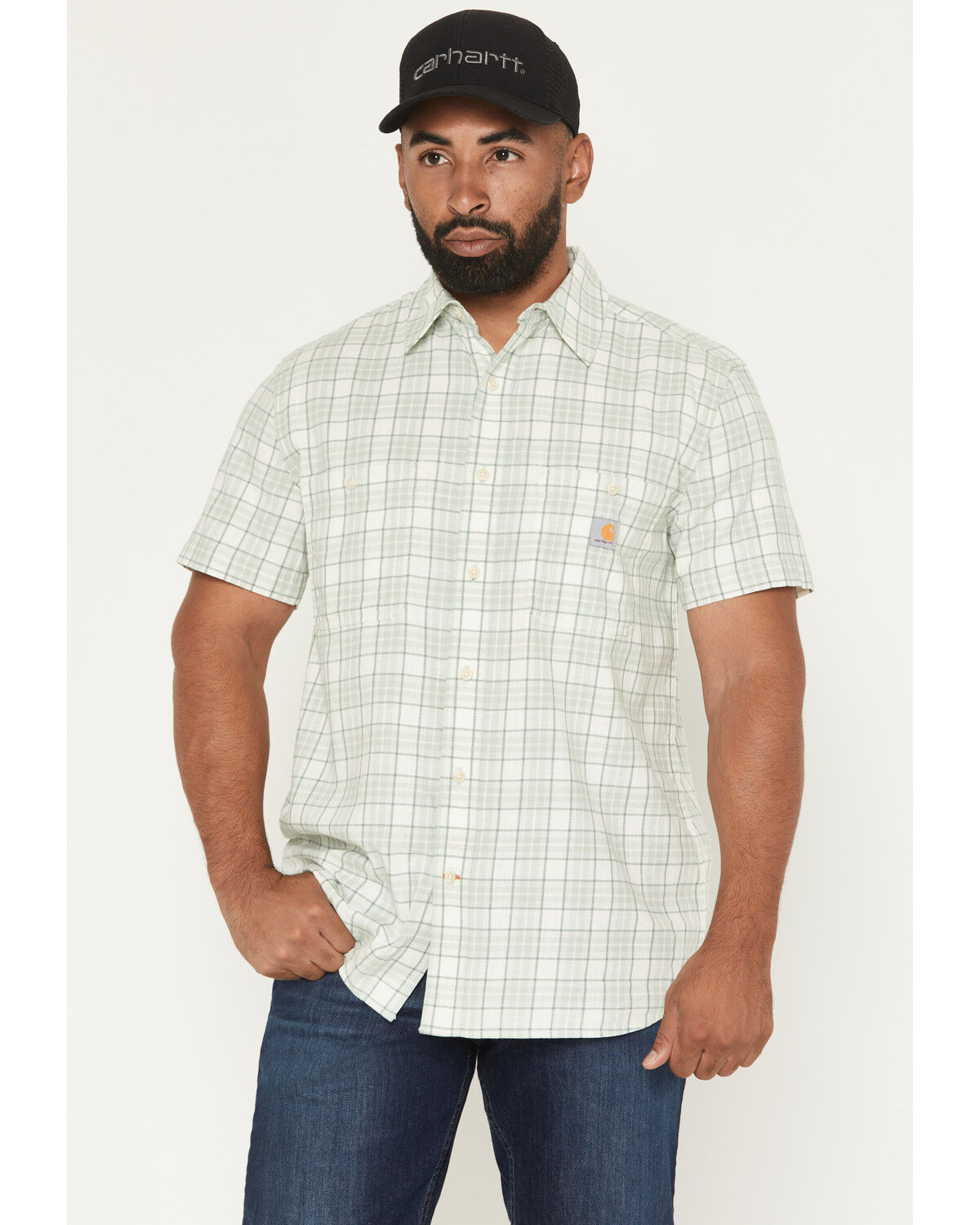 Image #1 - Carhartt Men's Bozeman Rugged Flex&reg; Relaxed Fit Plaid Print Short Sleeve Button-Down Work Shirt, Teal, hi-res