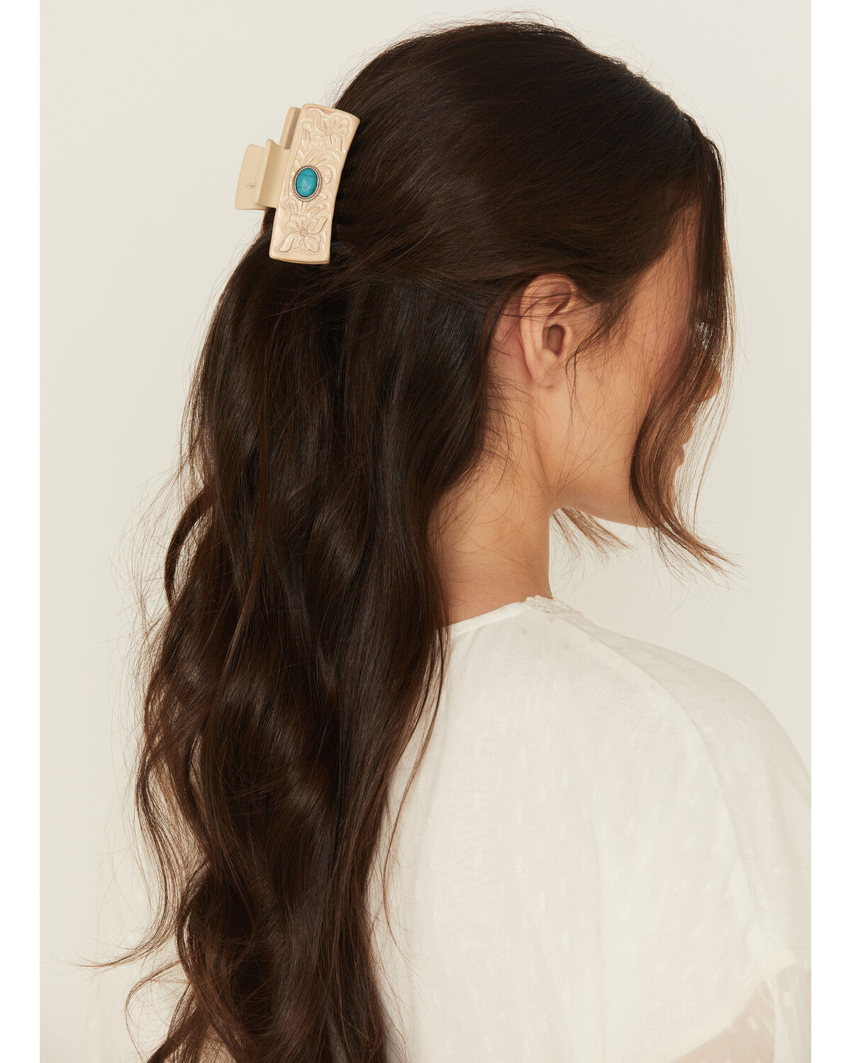 Shyanne Women's Tooled Floral Leather Hair Clip, Cream, hi-res