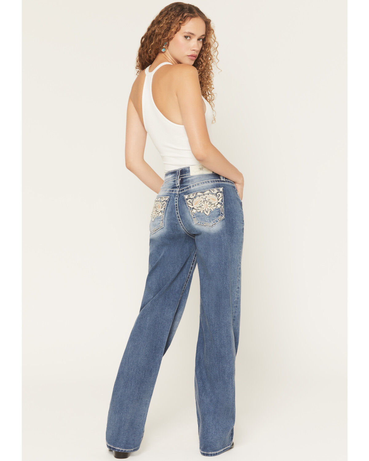 Miss Me Women's Medium Wash Mid Rise Paisley Pocket Slim 32" Bootcut Stretch Denim Jeans, Medium Wash, hi-res