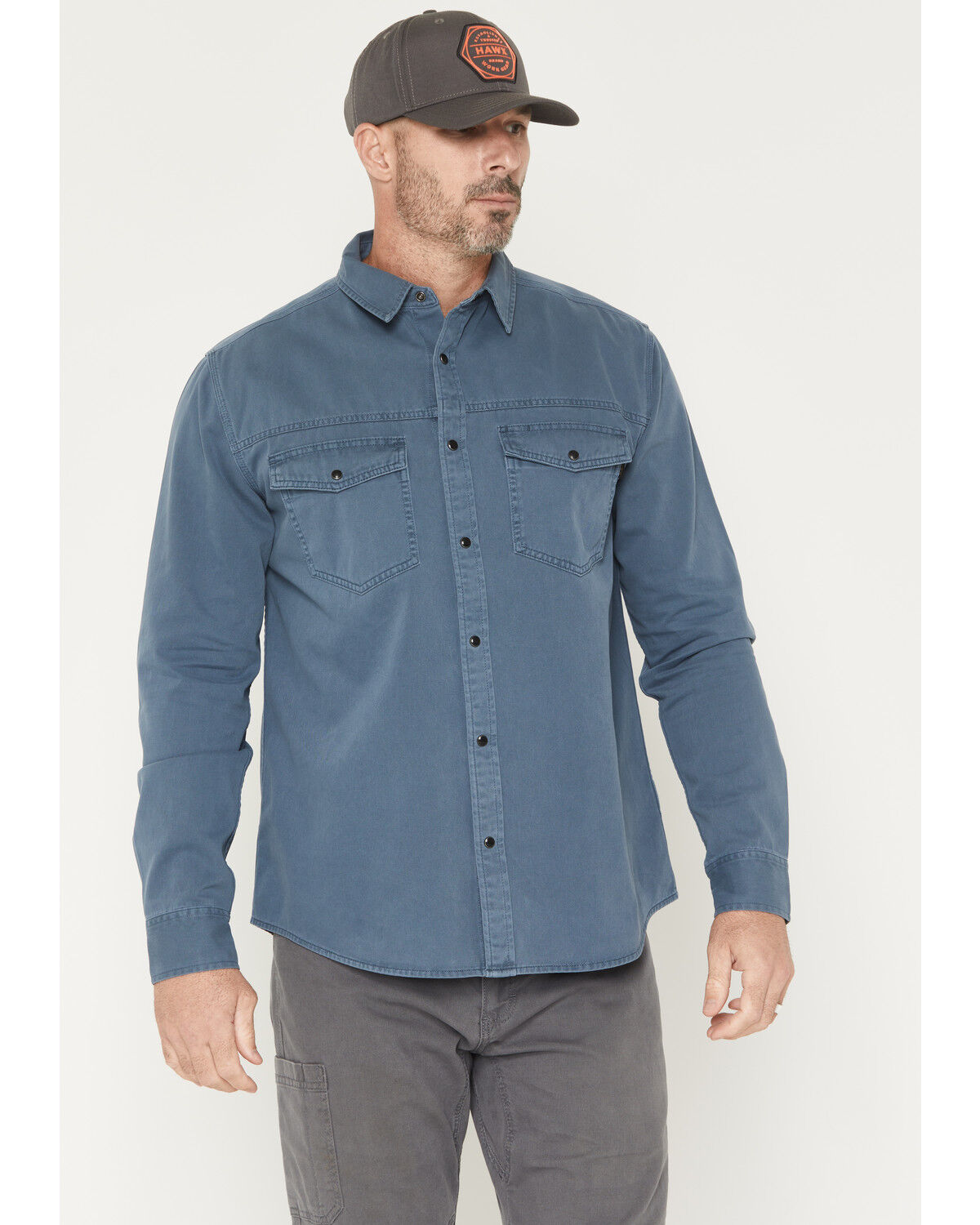 Hawx Men's Burr Solid Long Sleeve Snap Woven Work Shirt, Indigo, hi-res