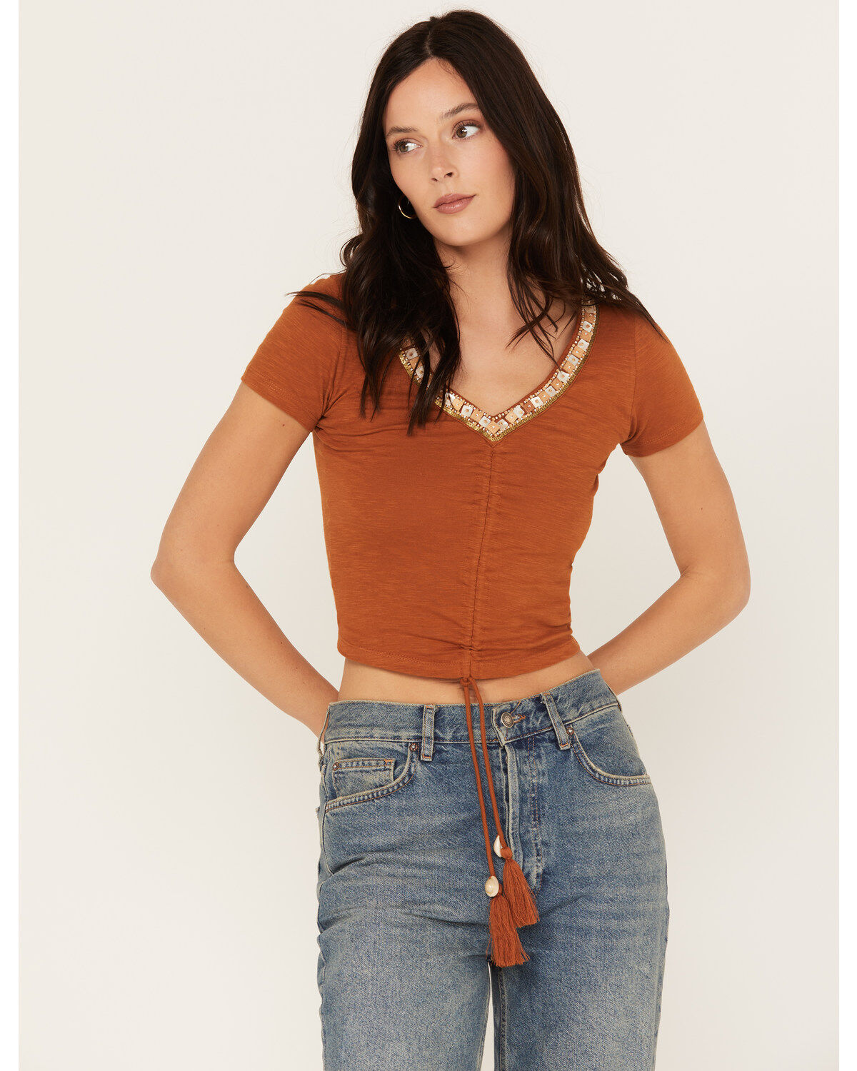 Image #1 - Shyanne Women's Beaded Short Sleeve Front Tie Shirt, Pecan, hi-res