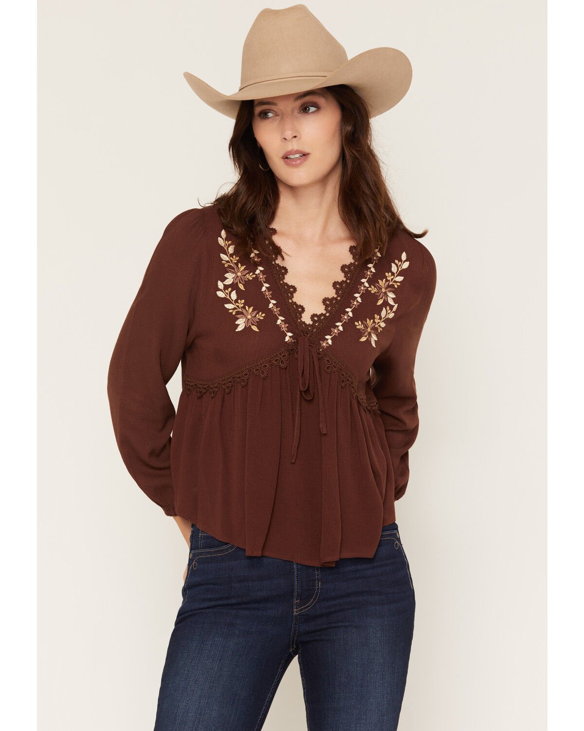 Wild Moss Women's Embroidered Long Sleeve Peasant Top, Brown, hi-res