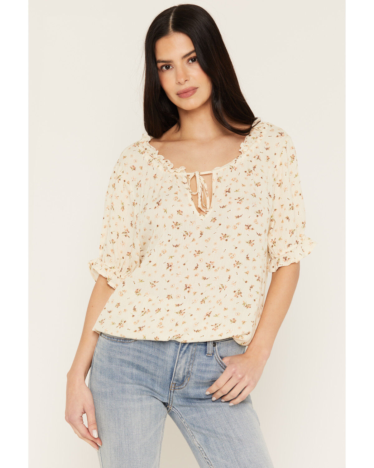 Image #1 - Wild Moss Women's Ditsy Floral Print Short Sleeve Shirt, Cream, hi-res