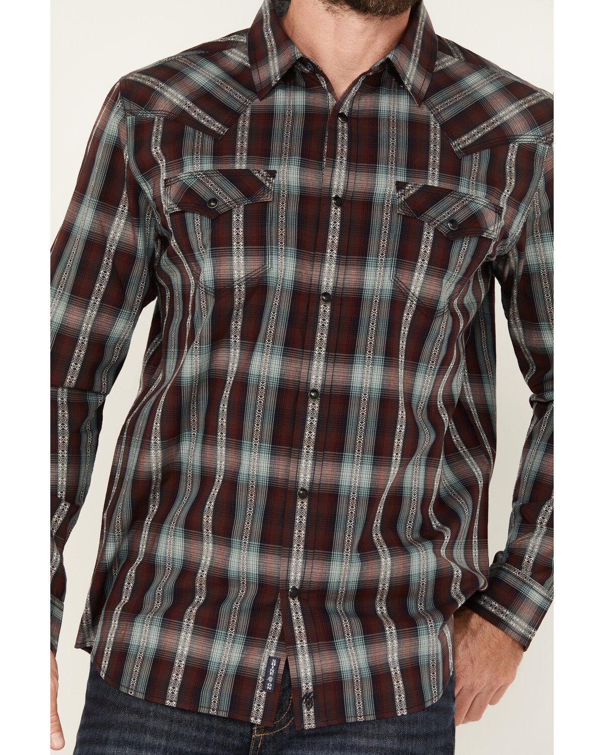 Image #3 - Moonshine Spirit&reg; Men's Lone Horn Plaid Print Long Sleeve Snap Western Shirt, Burgundy, hi-res