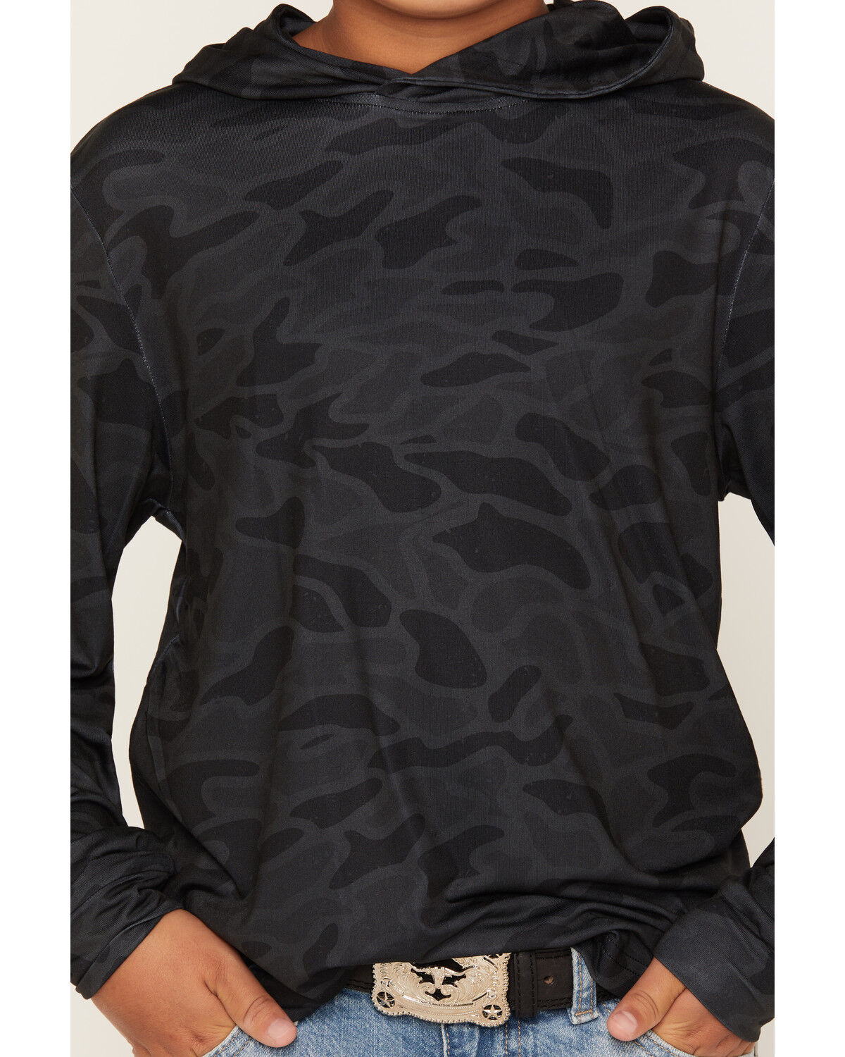 Image #3 - Burlebo Boys' Camo Print Hooded Stretch Performance Shirt, Black, hi-res