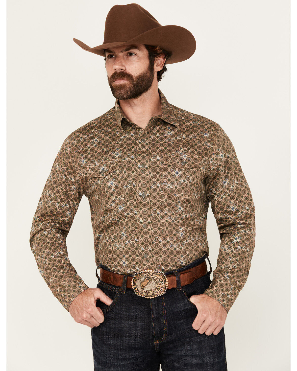 Image #1 - Wrangler Retro Men's Medallion Print Long Sleeve Snap Western Shirt, Brown, hi-res
