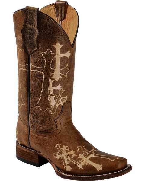 Image #1 - Circle G Women's Cross Embroidered Square Toe Western Boots, Chocolate, hi-res