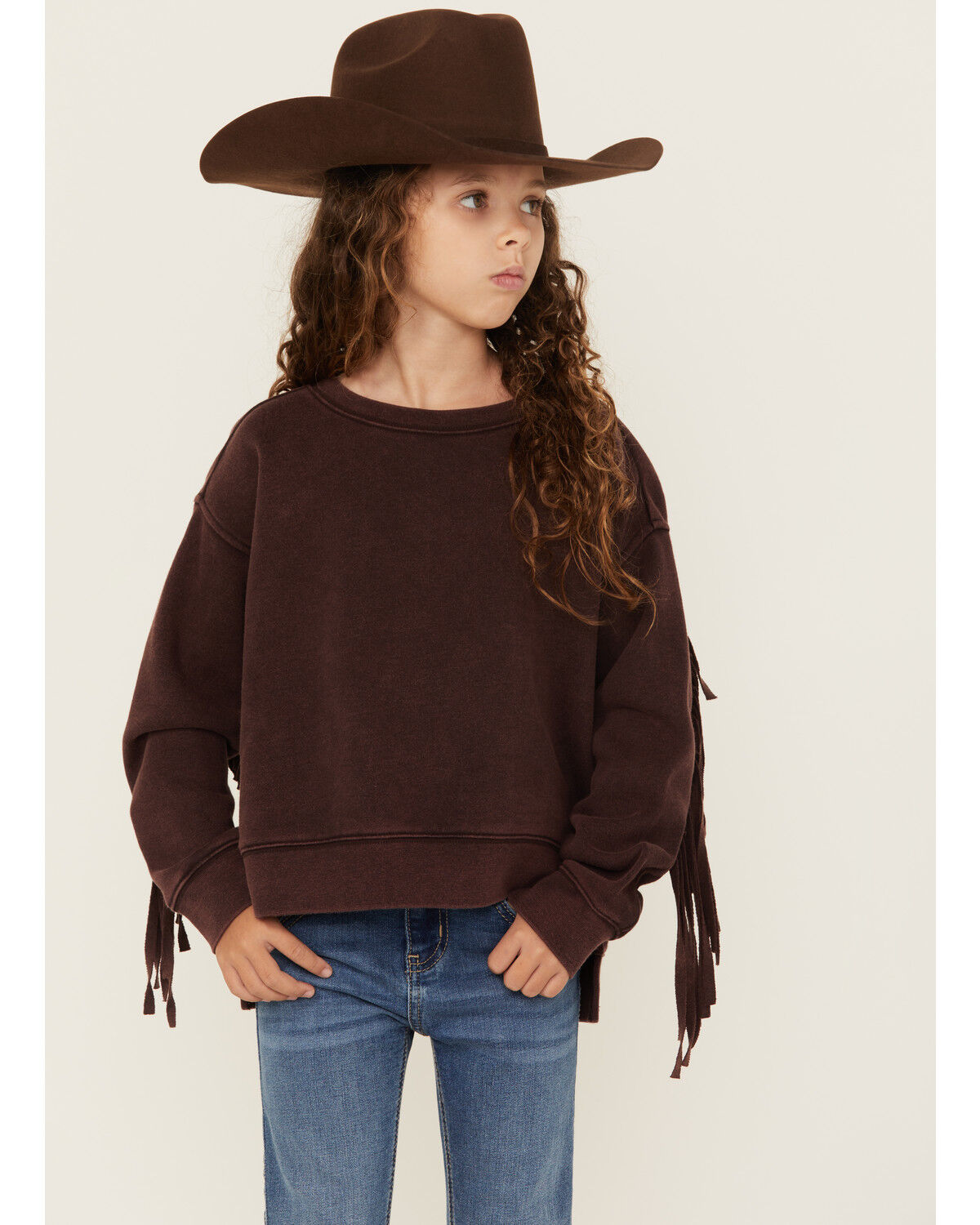 Shyanne Girls' Fringe Pullover Sweatshirt, Chocolate, hi-res