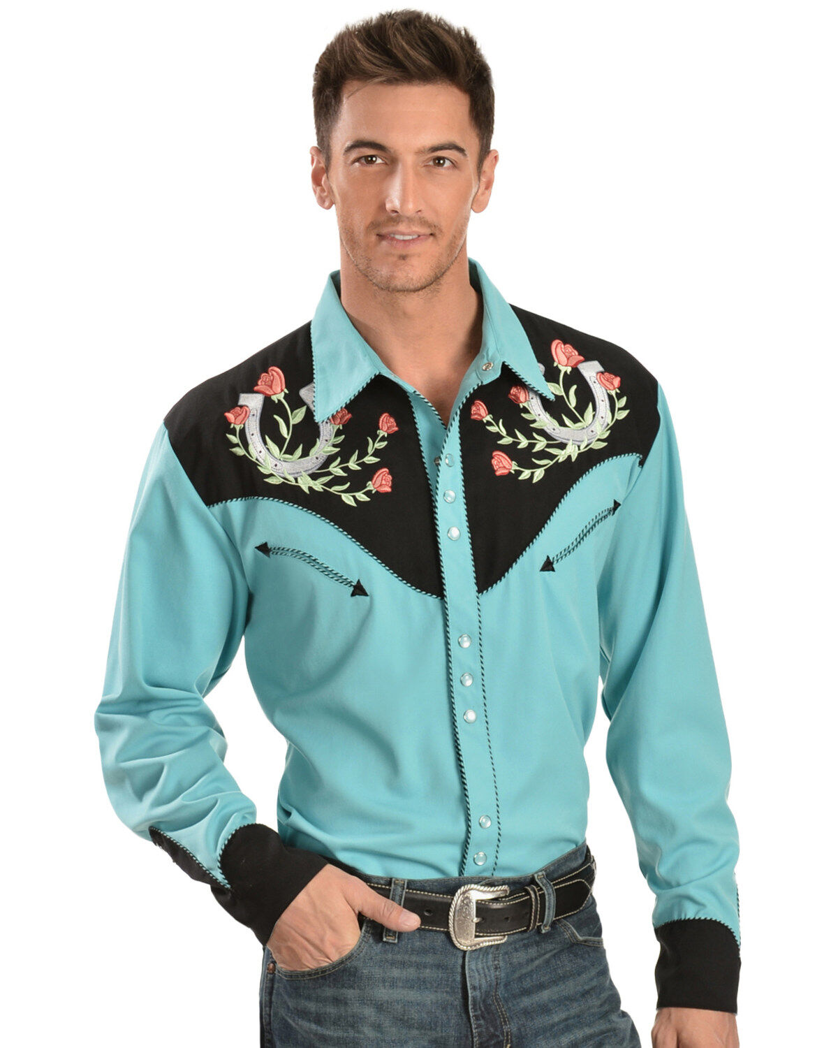 Scully Men's Rose & Horseshoe Embroidered Retro Long Sleeve Western Shirt - Big & Tall, Turquoise, hi-res