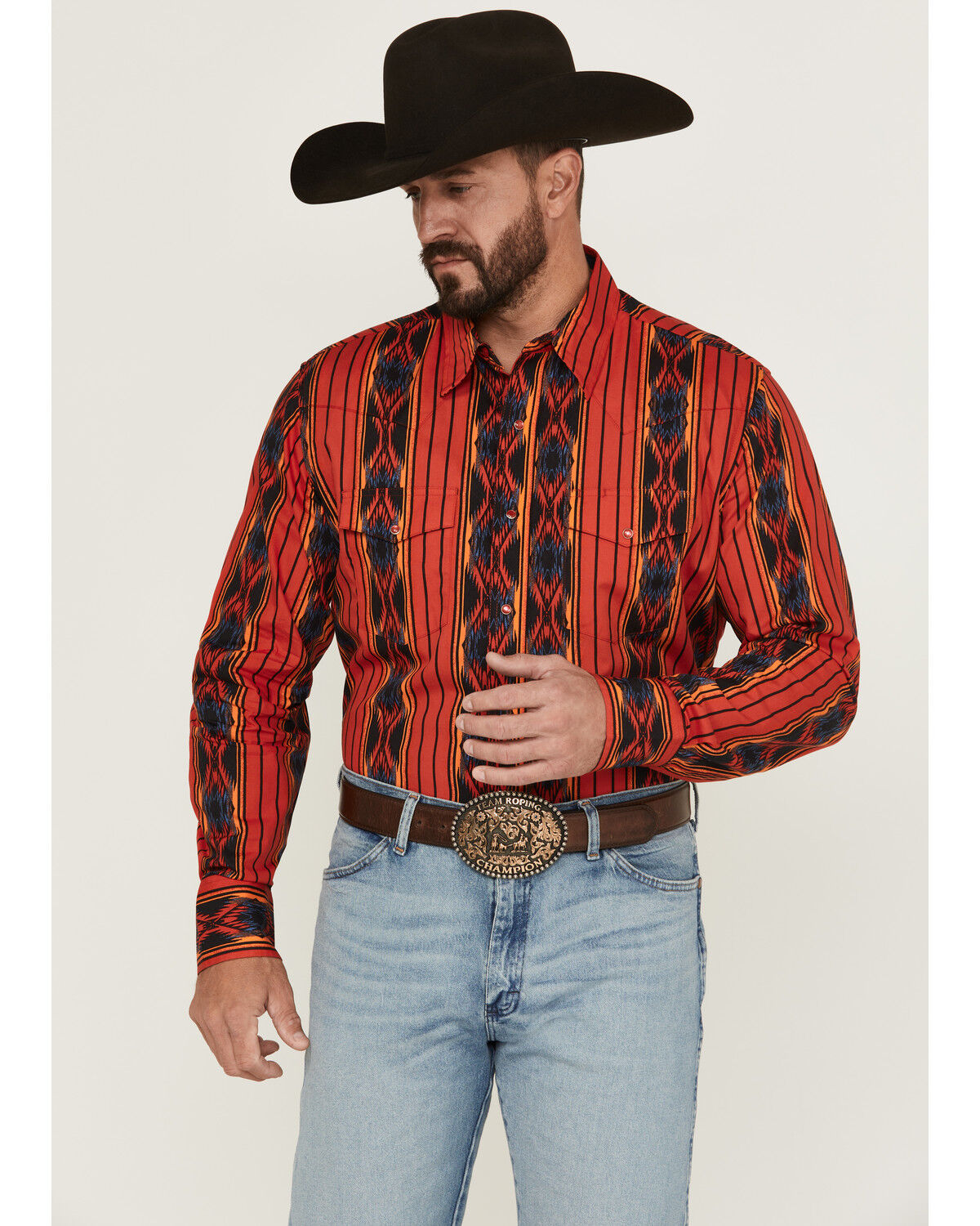 Image #1 - Wrangler Men's Checotah Southwestern Striped Print Long Sleeve Pearl Snap Western Shirt - Tall, Red, hi-res