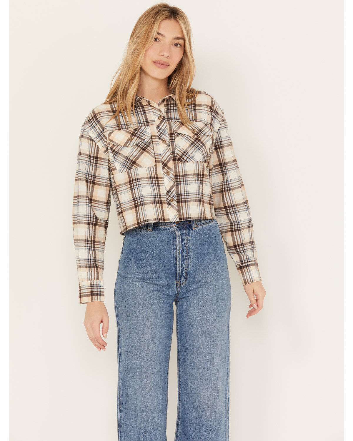 Cleo + Wolf Women's Plaid Print Cropped Shirt, Cream, hi-res
