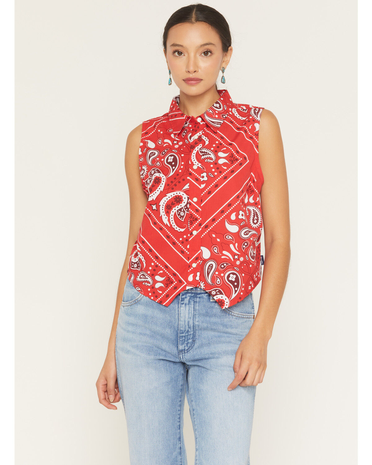 Image #1 - Wrangler Retro Women's Bandana Print Sleeveless Cropped Snap Western Shirt, Red, hi-res