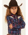 Image #2 - Ely Walker Girls' Plaid Print Rose Embroidered Long Sleeve Pearl Snap Western Shirt , Navy, hi-res