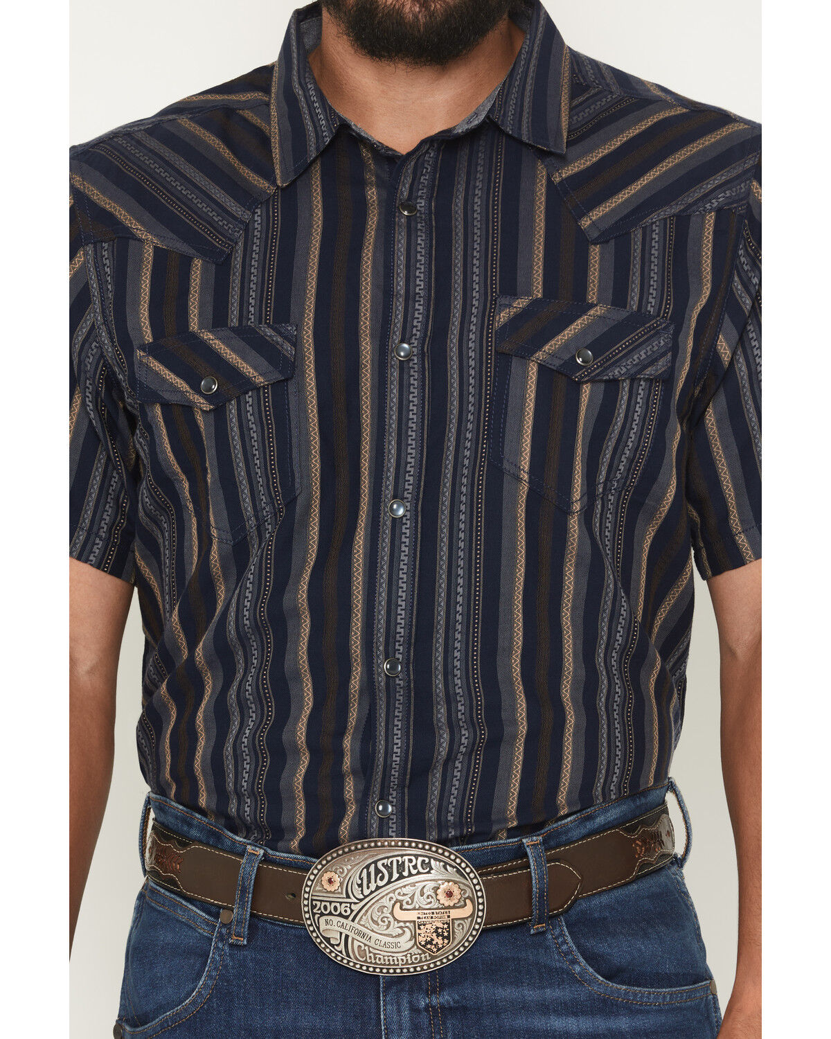 Image #3 - Cody James Men's Highland Rim Striped Print Short Sleeve Snap Western Shirt - Tall, Navy, hi-res