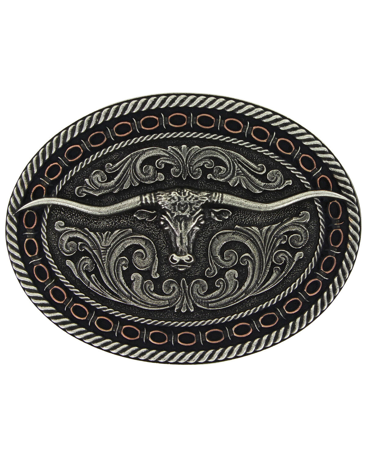 Image #1 - Montana Silversmiths Two Tone Antiqued Round Barbed Longhorn Attitude Belt Buckle, Silver, hi-res