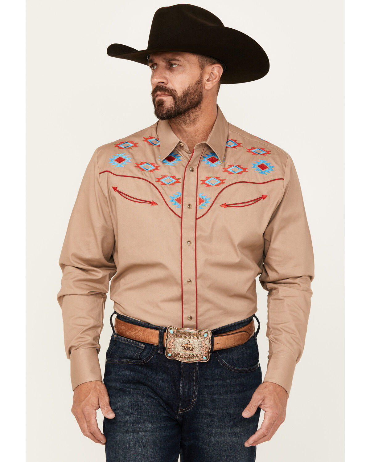 Image #1 - Rodeo Clothing Men's Embroidered Yoke Long Sleeve Snap Western Shirt, Tan, hi-res