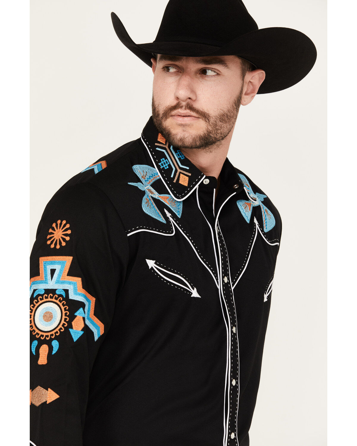 Image #2 - Scully Men's Phoenix Embroidered Retro Long Sleeve Western Shirt, Black, hi-res