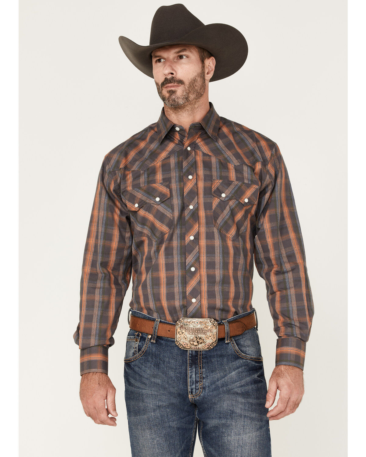 Image #1 - Resistol Men's Reid Plaid Print Long Sleeve Snap Western Shirt, Dark Grey, hi-res