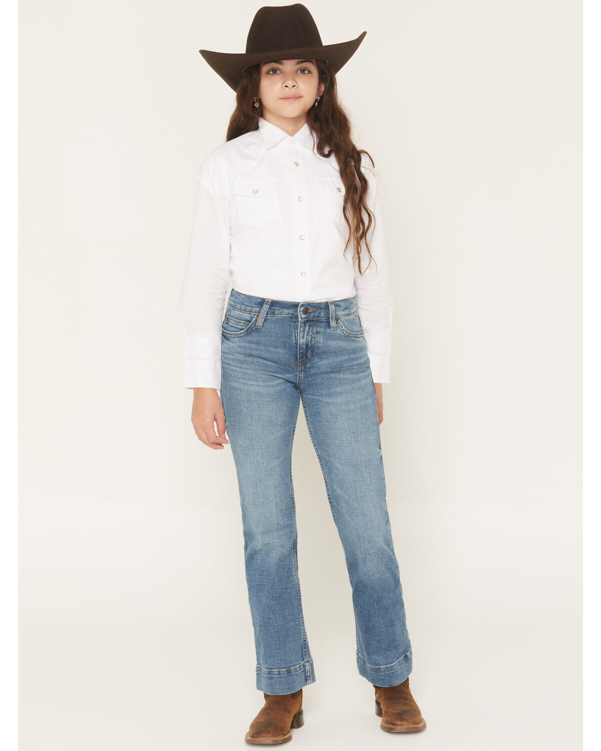 Wrangler Girls' Embroidered Trouser Stretch Denim Jeans, Blue, hi-res