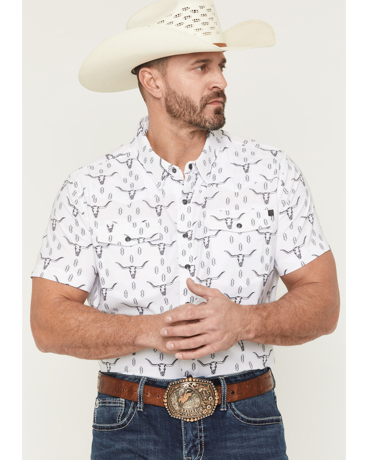 Rock & Roll Denim Men's TEK Steer Skull Short Sleeve Snap Stretch Western Shirt, White, hi-res