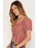 Image #2 - Shyanne Women's Wyatt Lace Trim Short Sleeve Button-Down Shirt, Rose, hi-res
