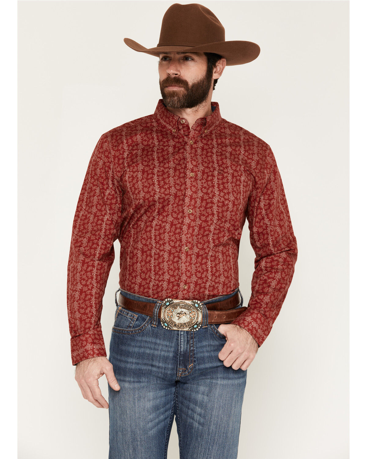 Cody James Men's Ol Hickory Floral Stripe Print Long Sleeve Button-Down Stretch Western Shirt - Tall, Red, hi-res