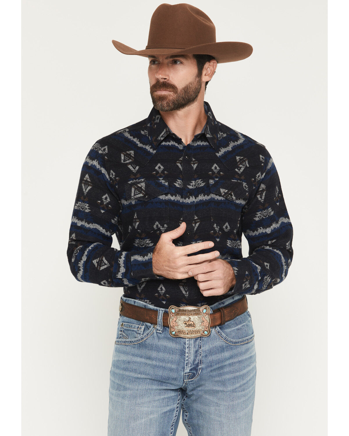 Cody James Men's Ironwood Southwestern Striped Long Sleeve Snap Flannel Shirt, Navy, hi-res