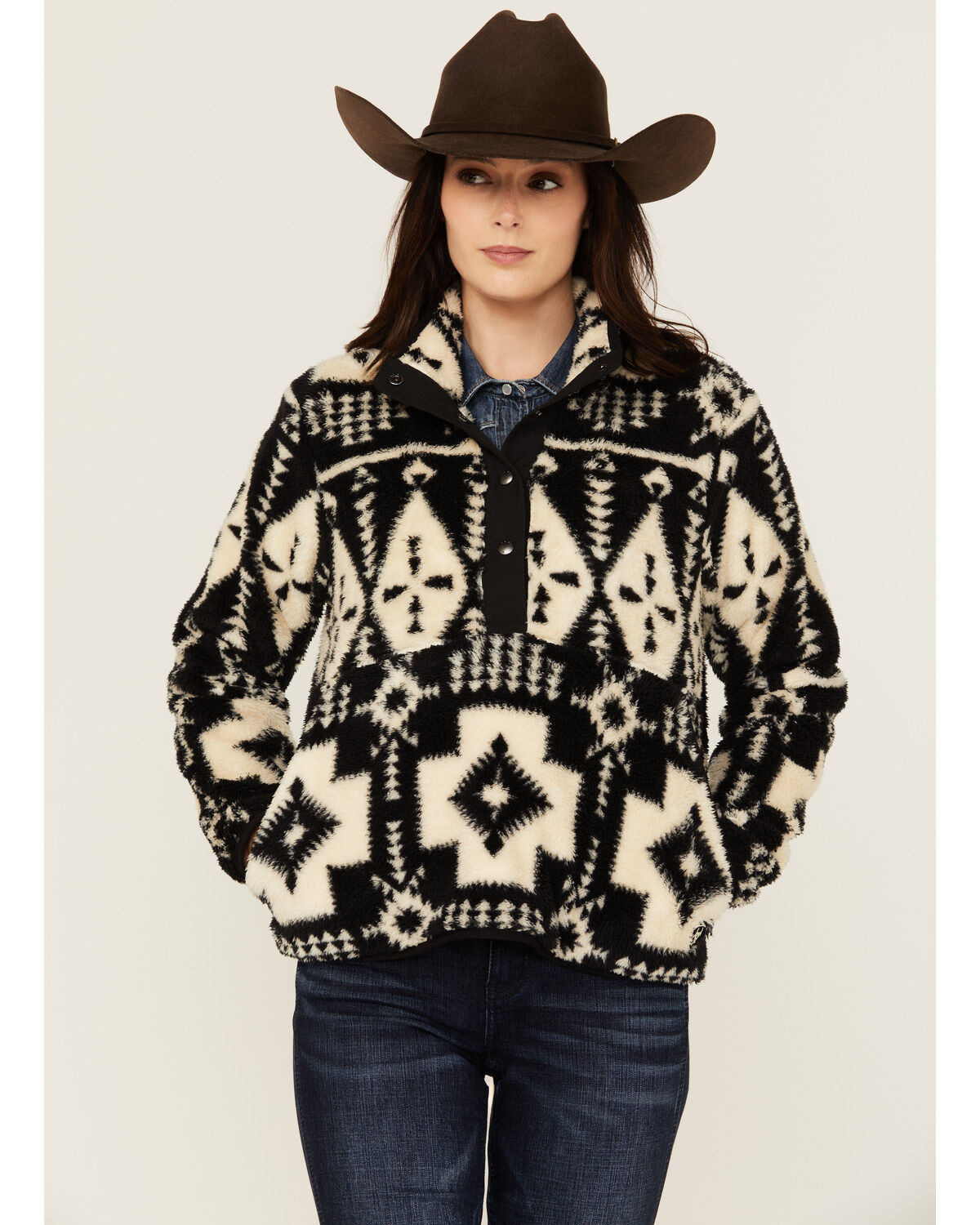 Image #2 - Ariat Women's Berber Southwestern Print Sherpa Pullover, Black, hi-res