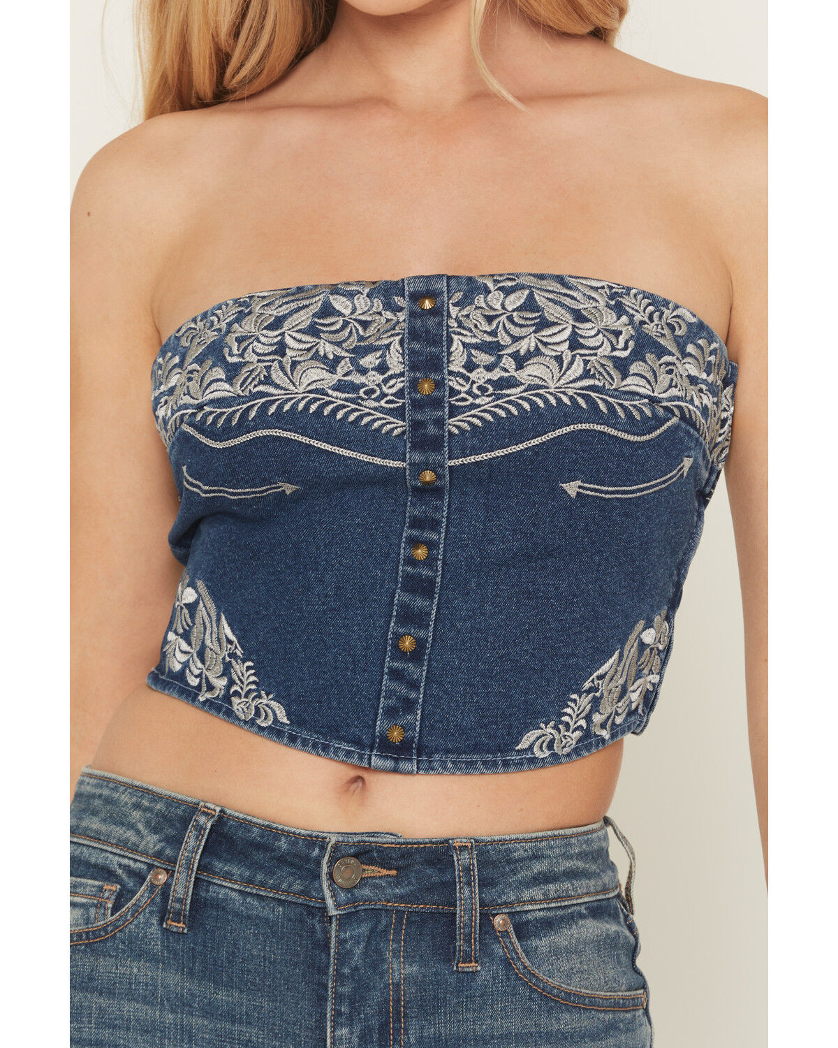 Image #3 - Blue B Women's Boot Barn Exclusive Sleeveless Denim Western Embroidered Bustier Top, Dark Wash, hi-res