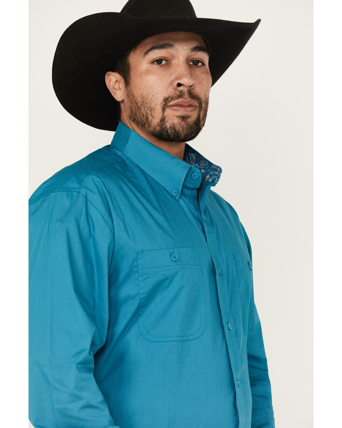 Image #2 - George Strait by Wrangler Men's Solid Long Sleeve Button-Down Stretch Western Shirt, Teal, hi-res