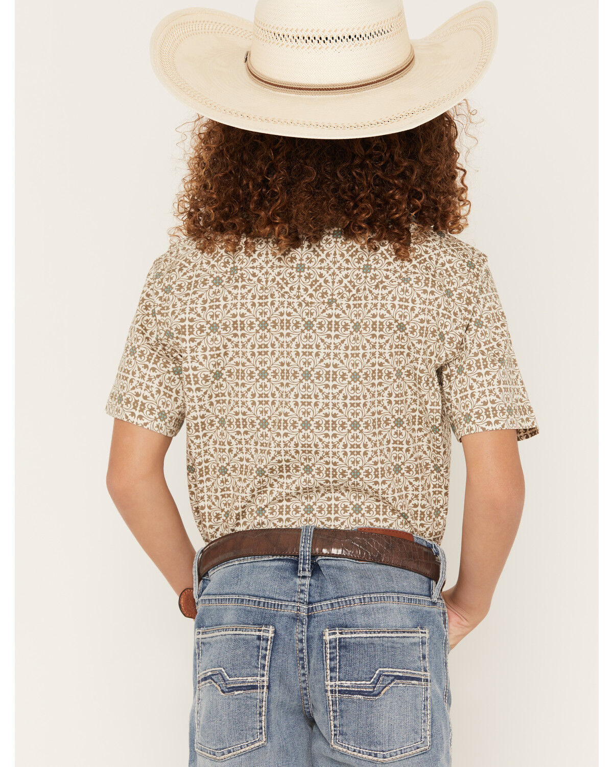 Image #4 - Cody James Boys' Mind Trap Geo Print Short Sleeve Pearl Snap Stretch Western Shirt, Gold, hi-res