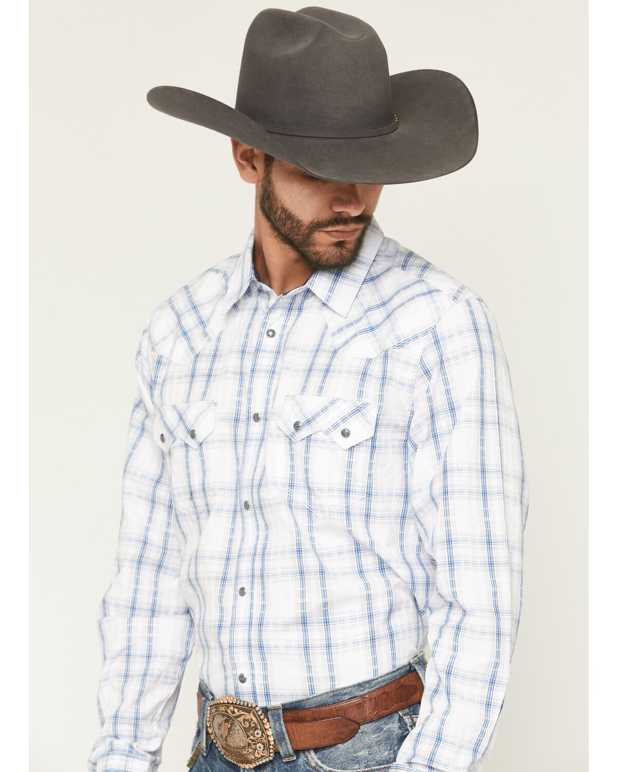 Image #2 - Moonshine Spirit&reg; Men's All Day Long Dobby Plaid Print Long Sleeve Snap Western Shirt, White, hi-res
