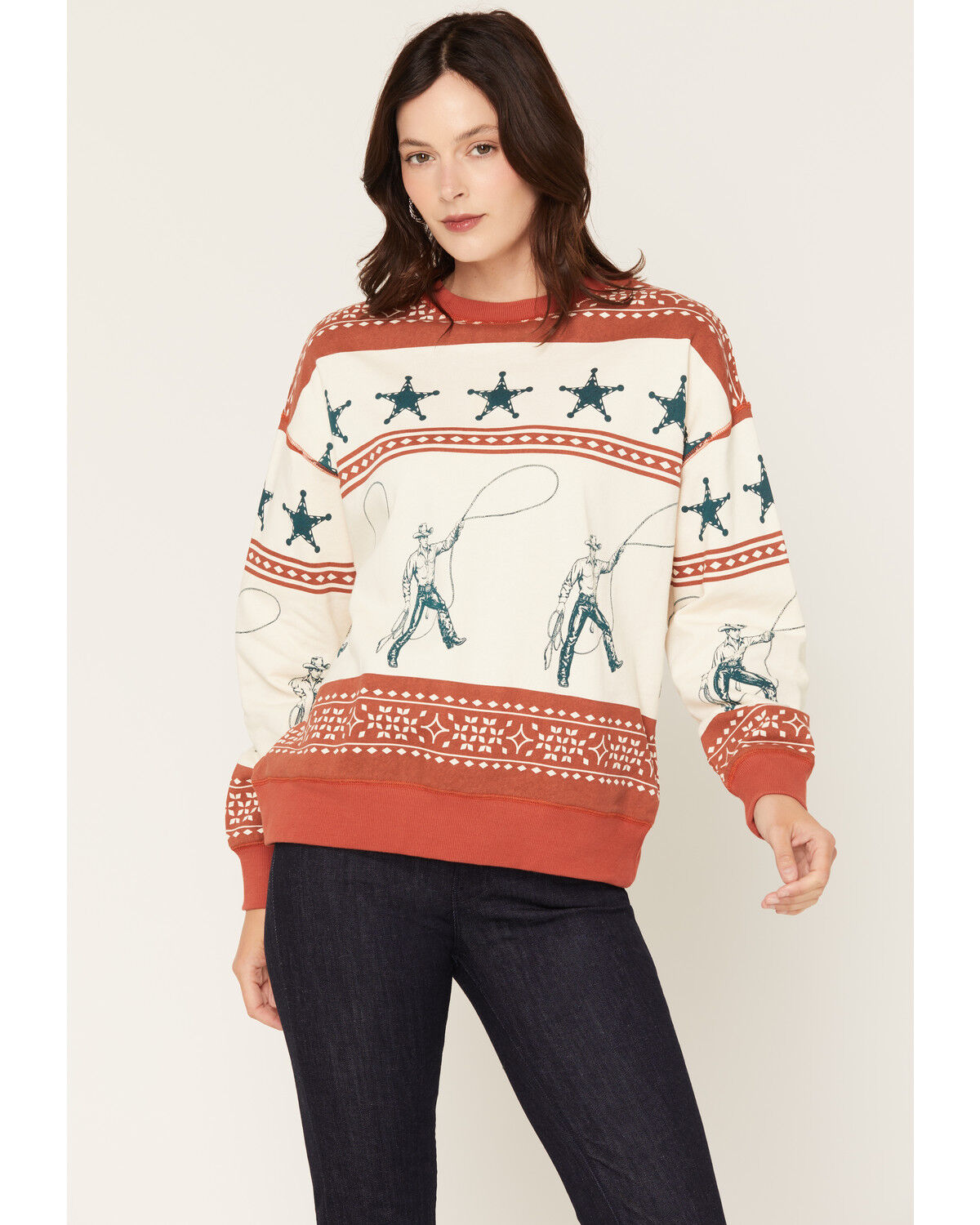 Image #1 - Panhandle Slim Women's Cowboy Crew Neck Long Sleeve, Rust Copper, hi-res