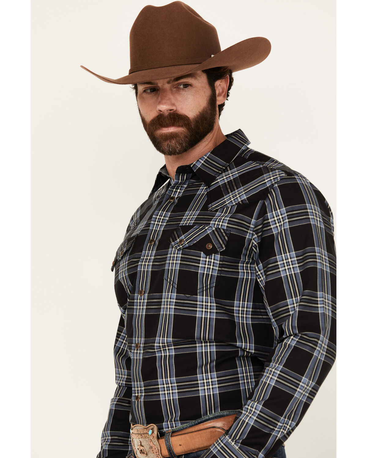 Image #2 - Cody James Men's Irving Plaid Print Long Sleeve Snap Western Shirt, Navy, hi-res
