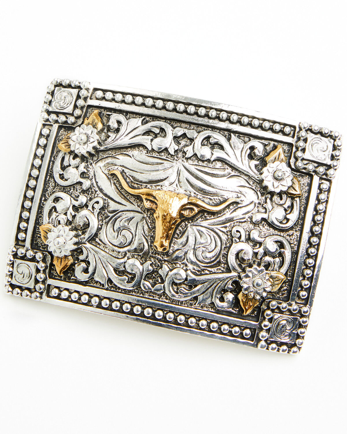 Cody James Long Horn Border Belt Buckle, Silver, hi-res