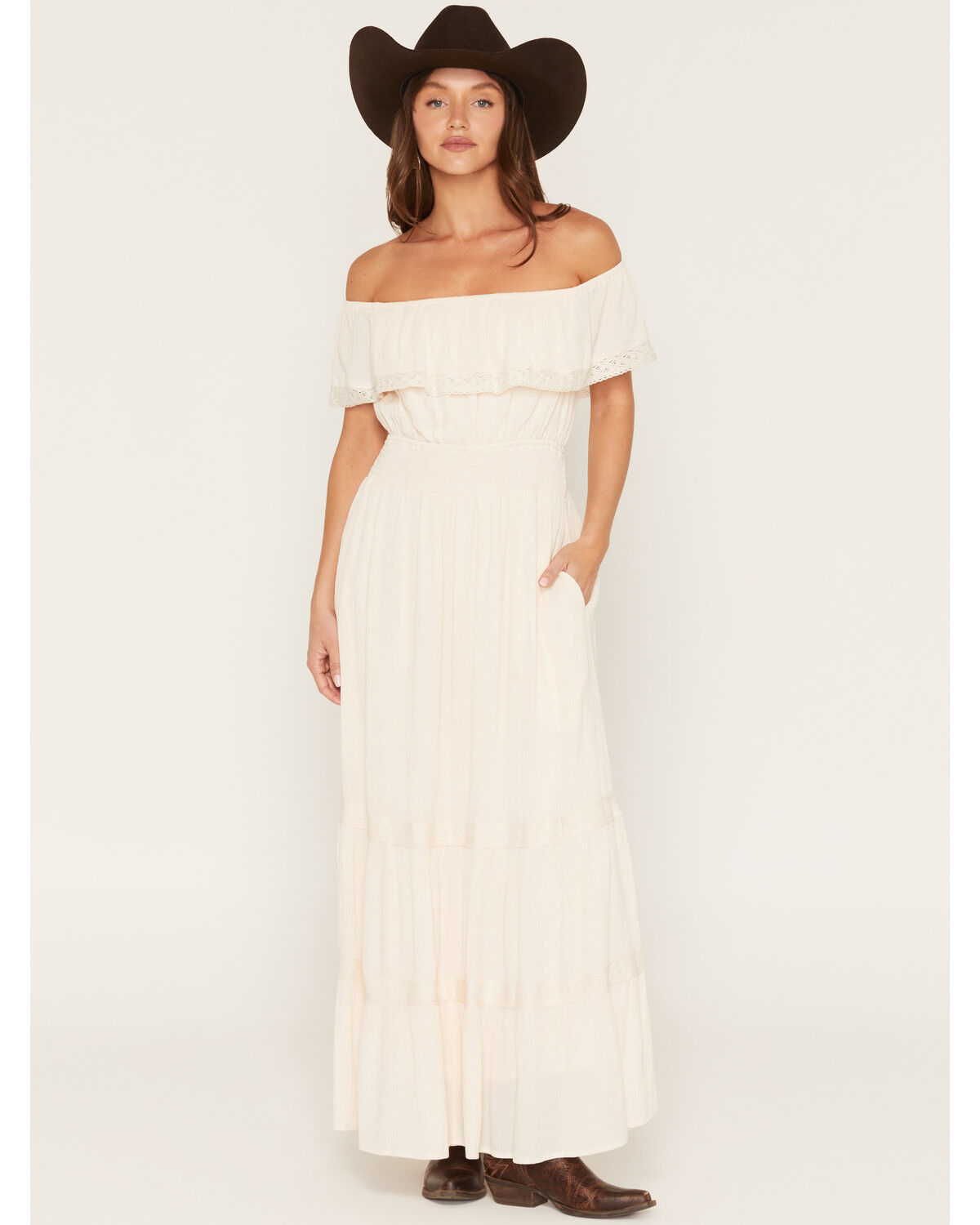 Lovestitch Women's Lace Off The Shoulder Maxi Dress, Natural, hi-res