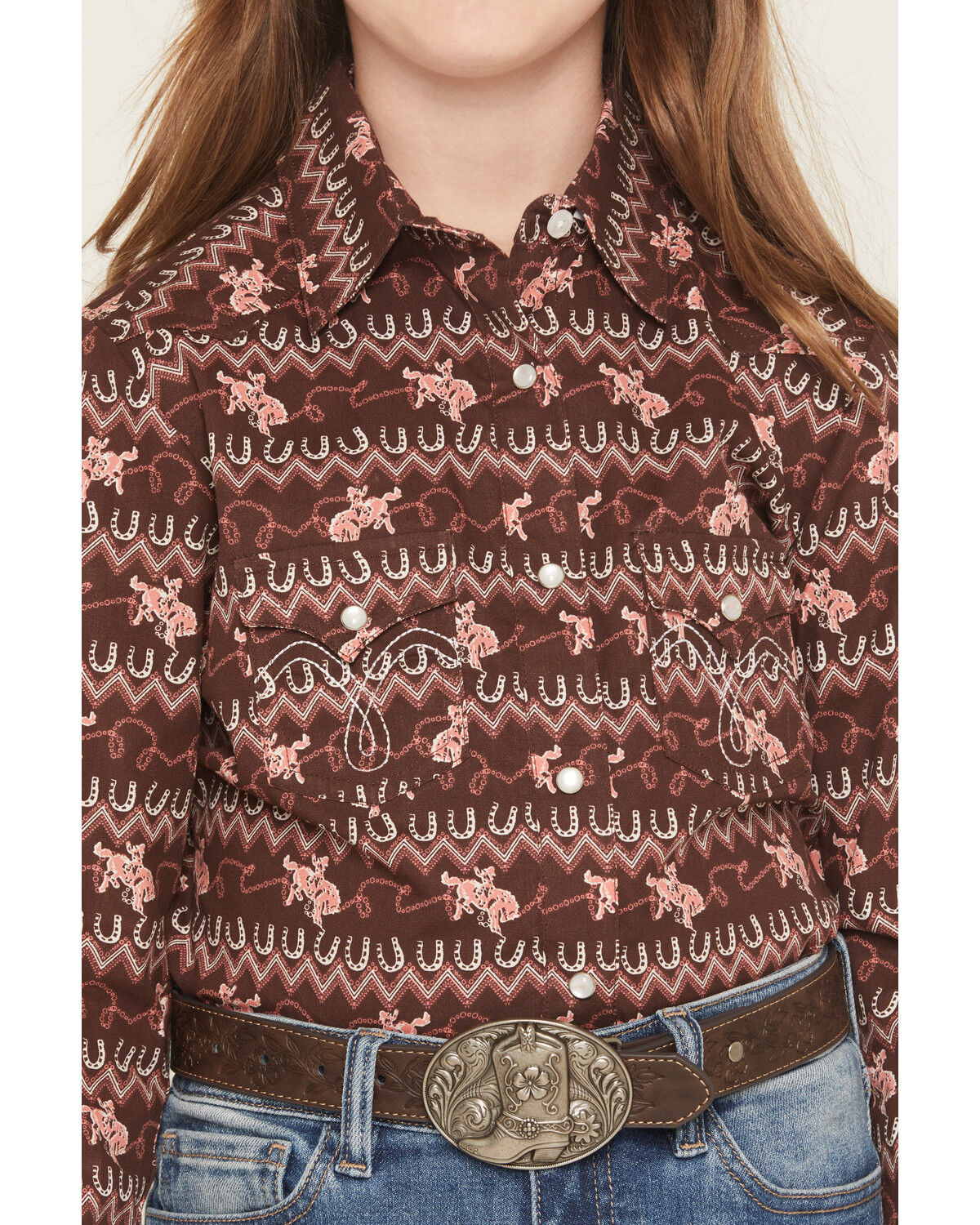 Image #3 - Panhandle Girls' Horse Print Long Sleeve Snap Western Shirt, Brown, hi-res