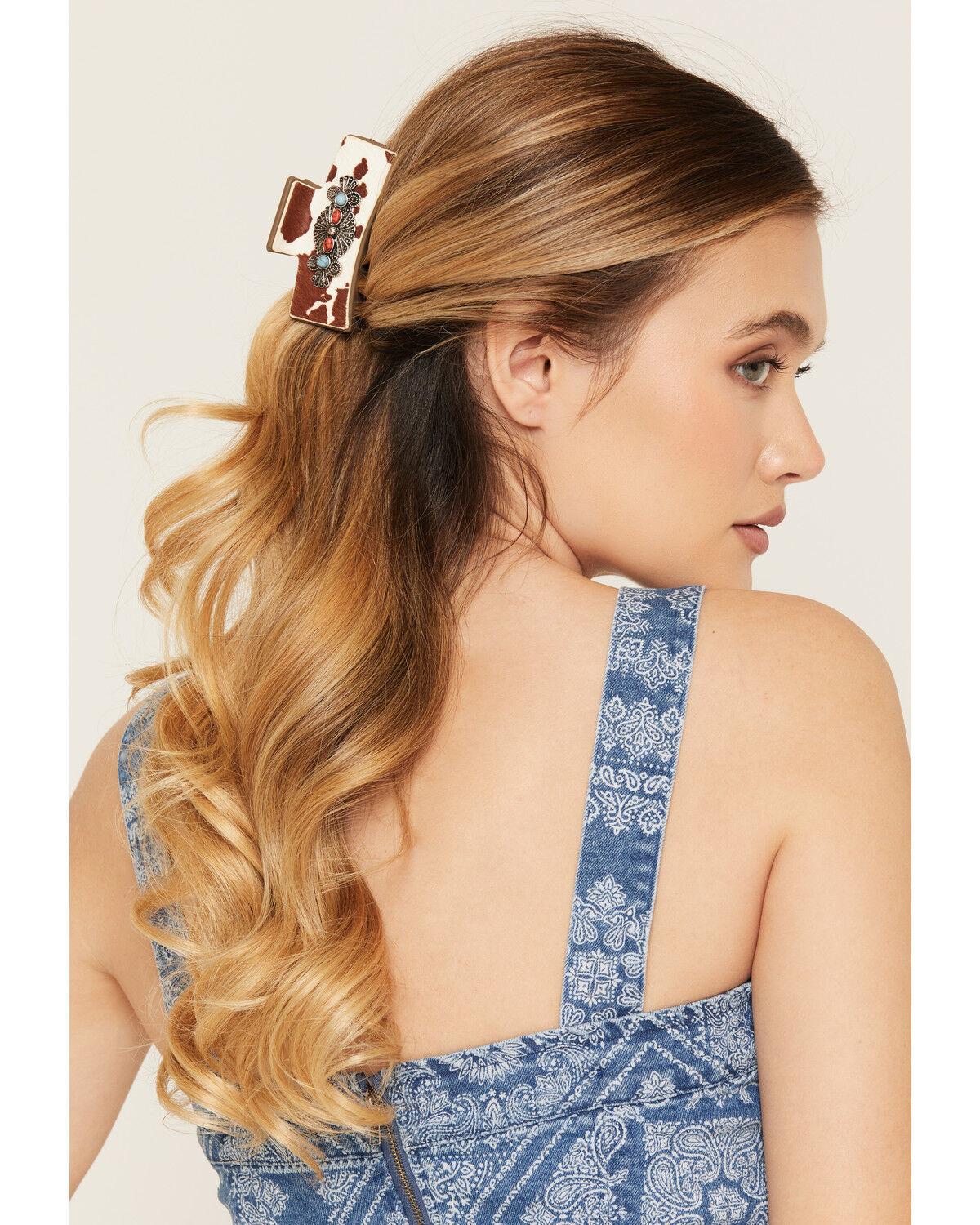 Shyanne Women's Jessie Cow Print Concho Hair Claw Clip, Brown, hi-res