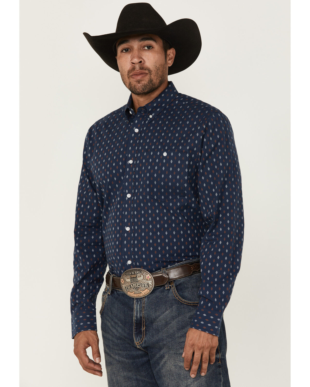 Image #1 - RANK 45&reg; Men's Repocharge Geo Print Long Sleeve Button-Down Stretch Western Shirt, Navy, hi-res