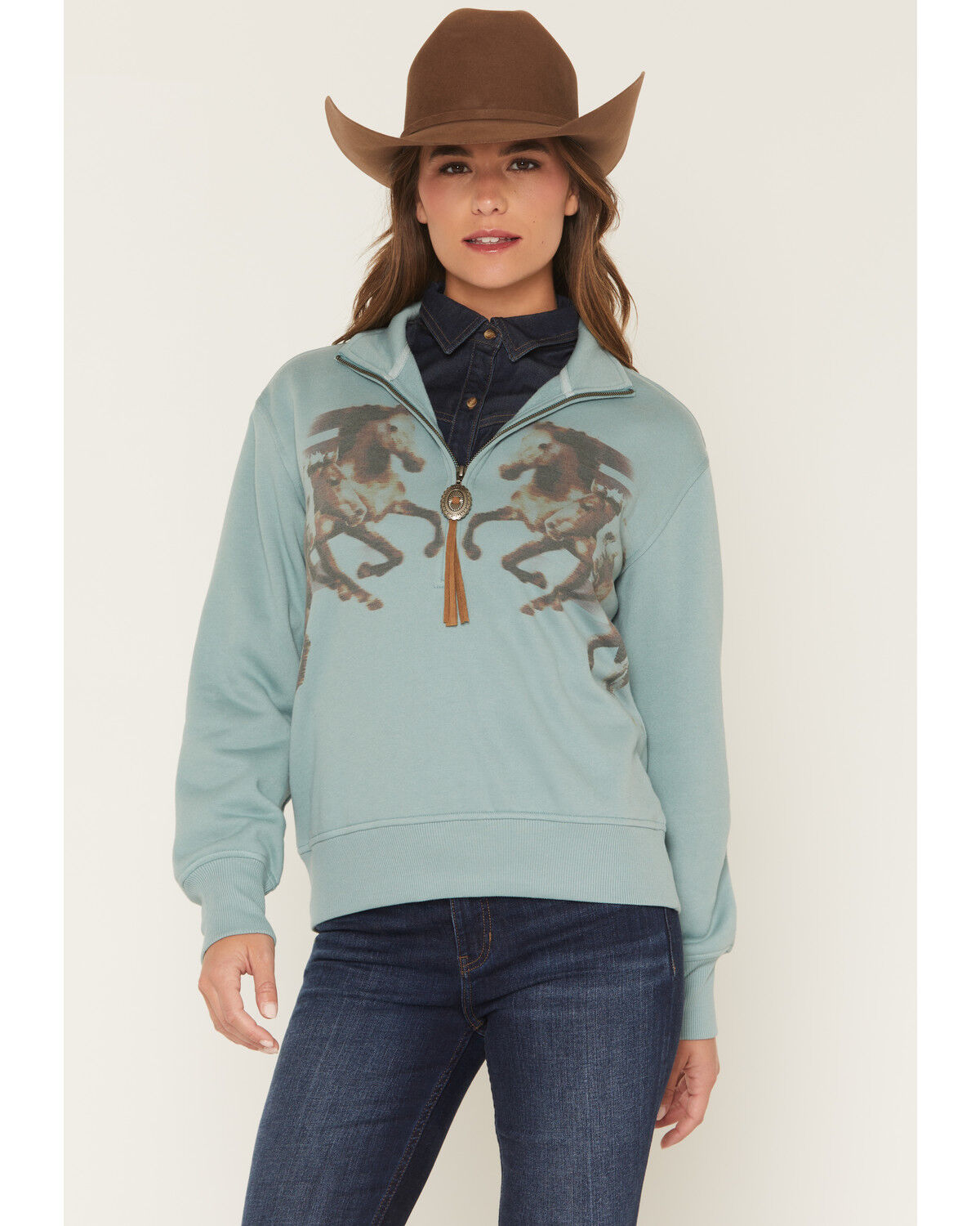 Shyanne Women's Double Horse 1/2 Zip Pullover, Aqua, hi-res