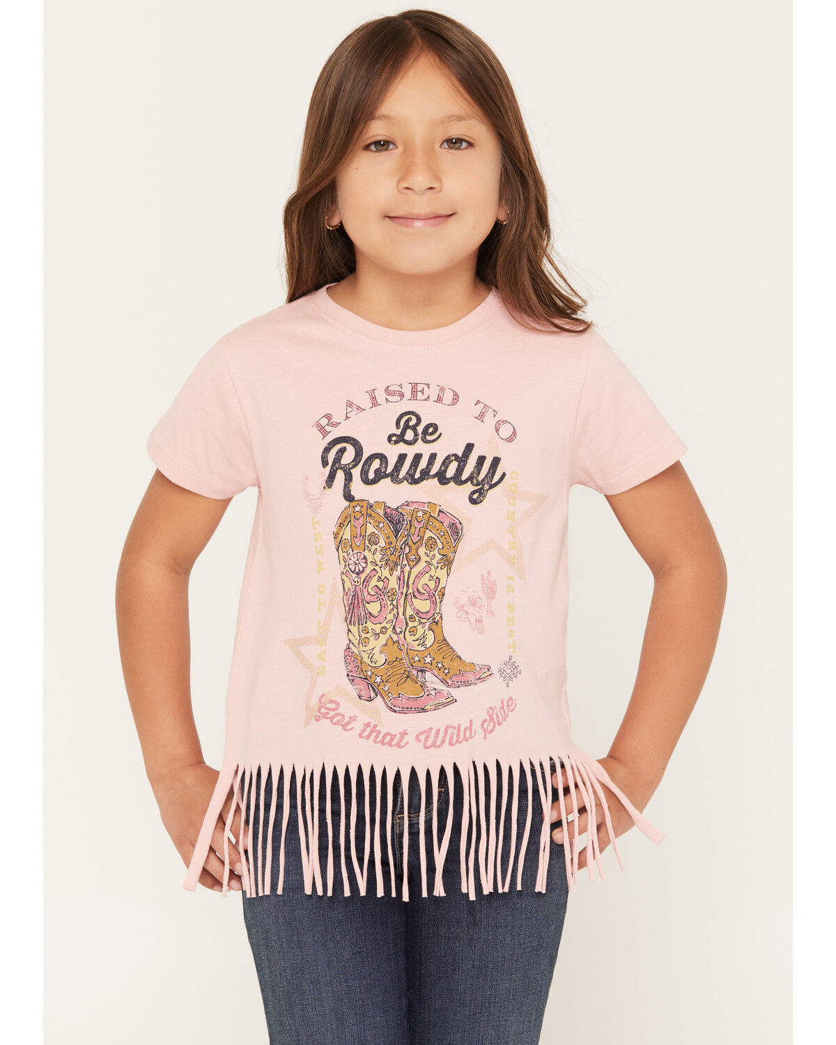 Shyanne Girls' Raised To Be Rowdy Short Sleeve Fringe Graphic Tee, Light Pink, hi-res