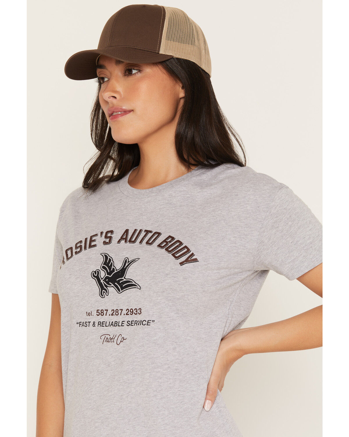 Image #2 - Troll Co Women's Rosies Auto Body Short Sleeve Graphic Work Tee, Heather Grey, hi-res