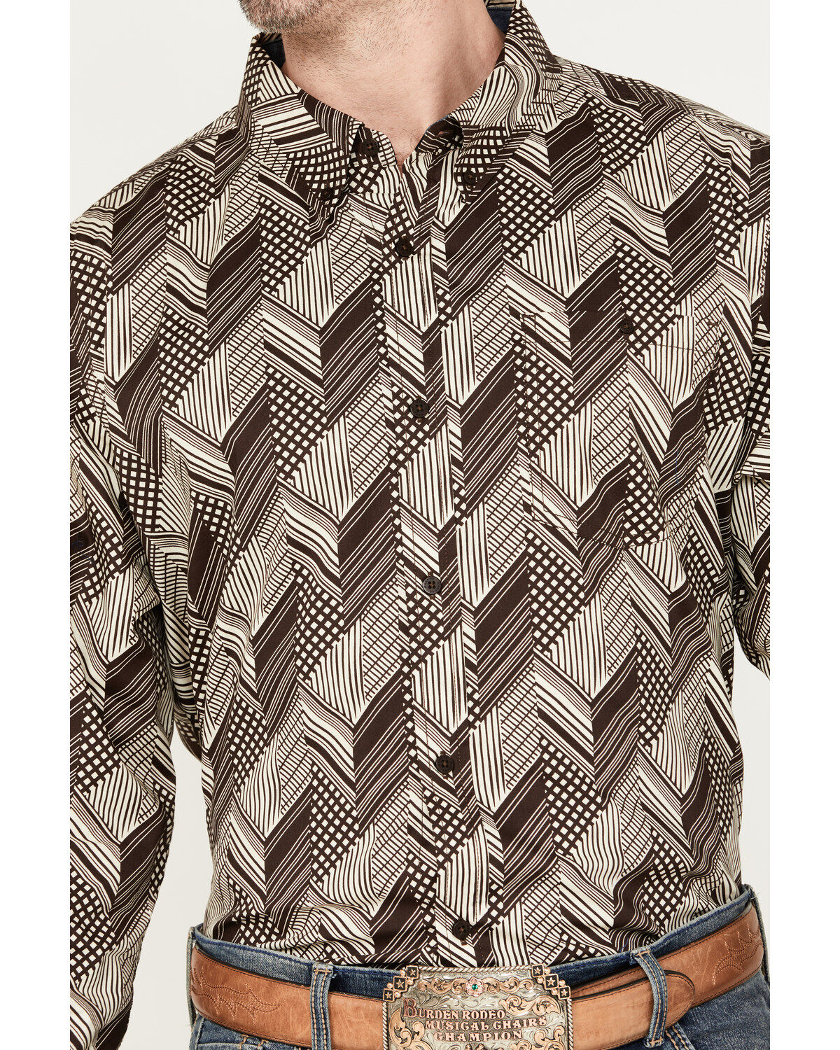 Image #3 - RANK 45&reg; Men's Altonwon Striped Geo Print Long Sleeve Button-Down Western Shirt, Coffee, hi-res