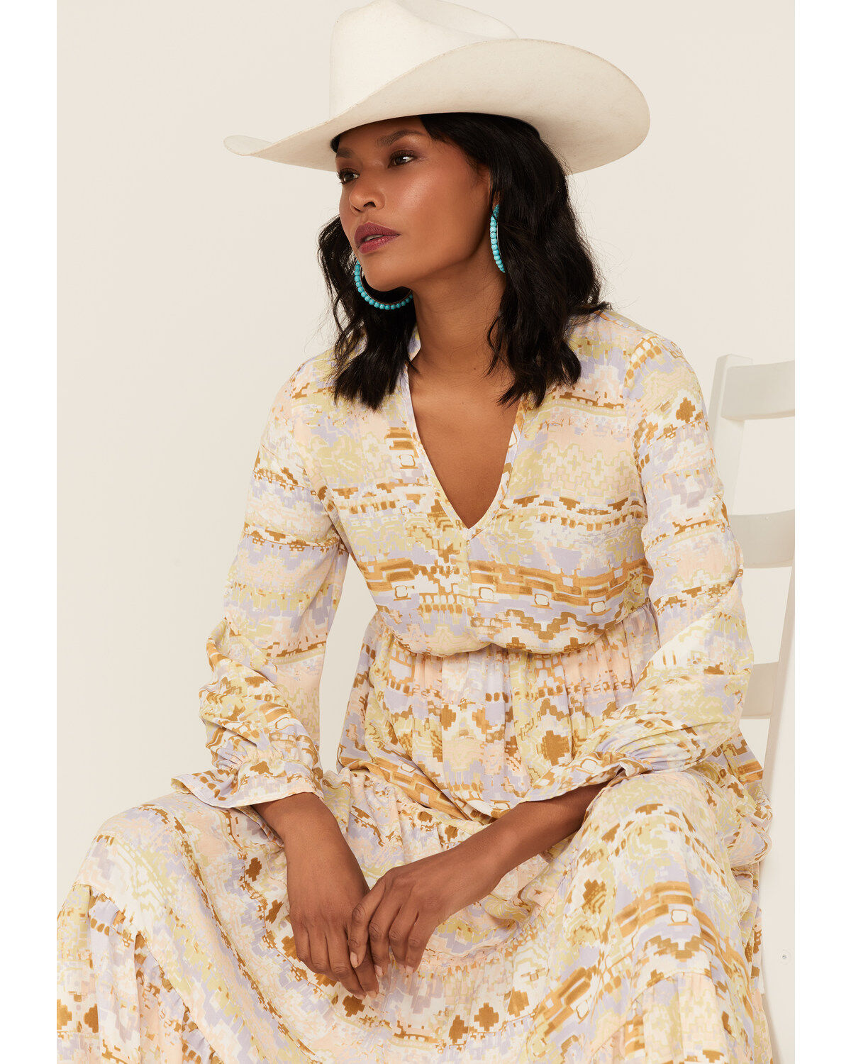 Image #1 - Shyanne Women's Watercolor Southwestern Long Sleeve Maxi Dress, Ivory, hi-res