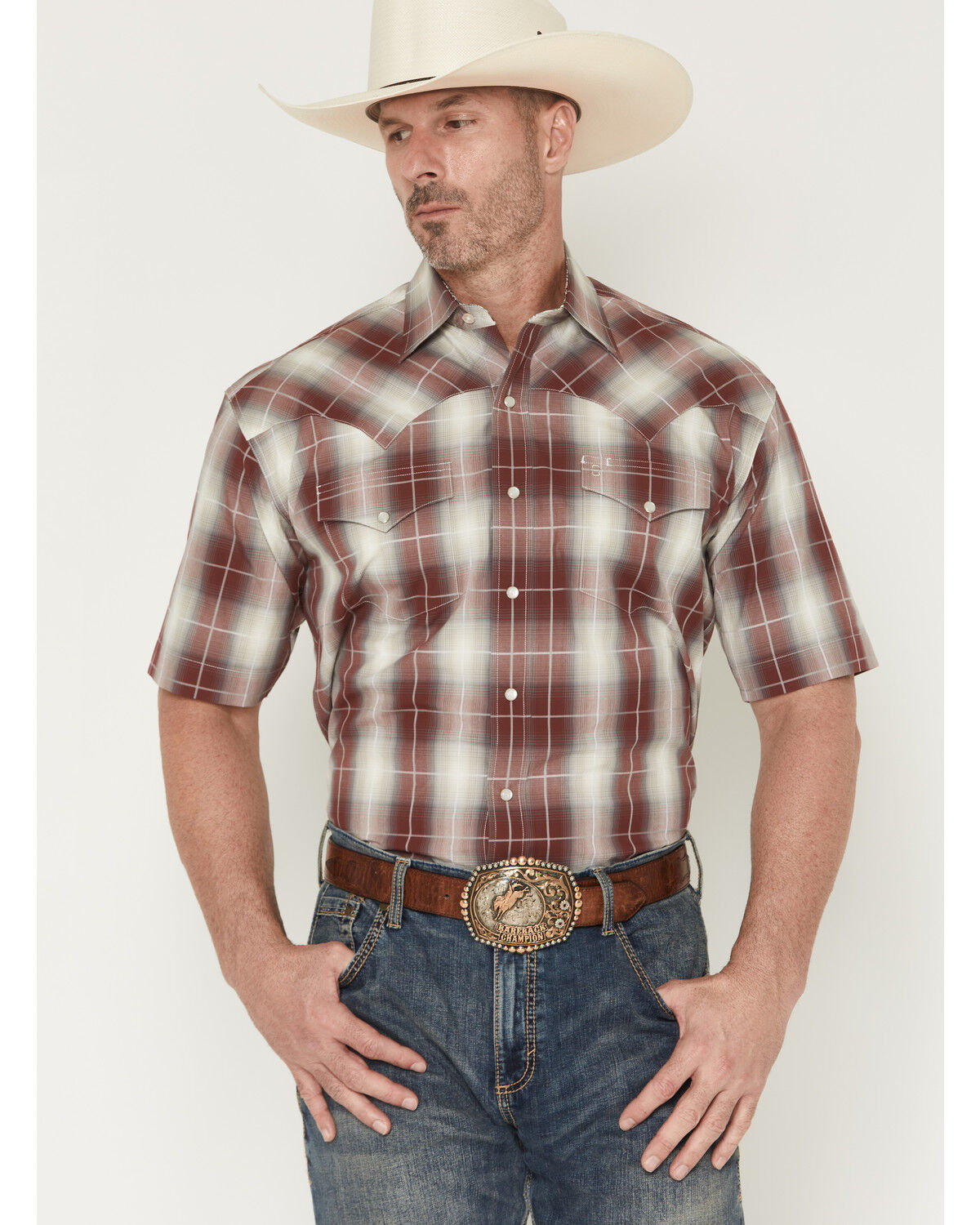 Stetson Men's Plaid Print Short Sleeve Snap Western Shirt, Burgundy, hi-res