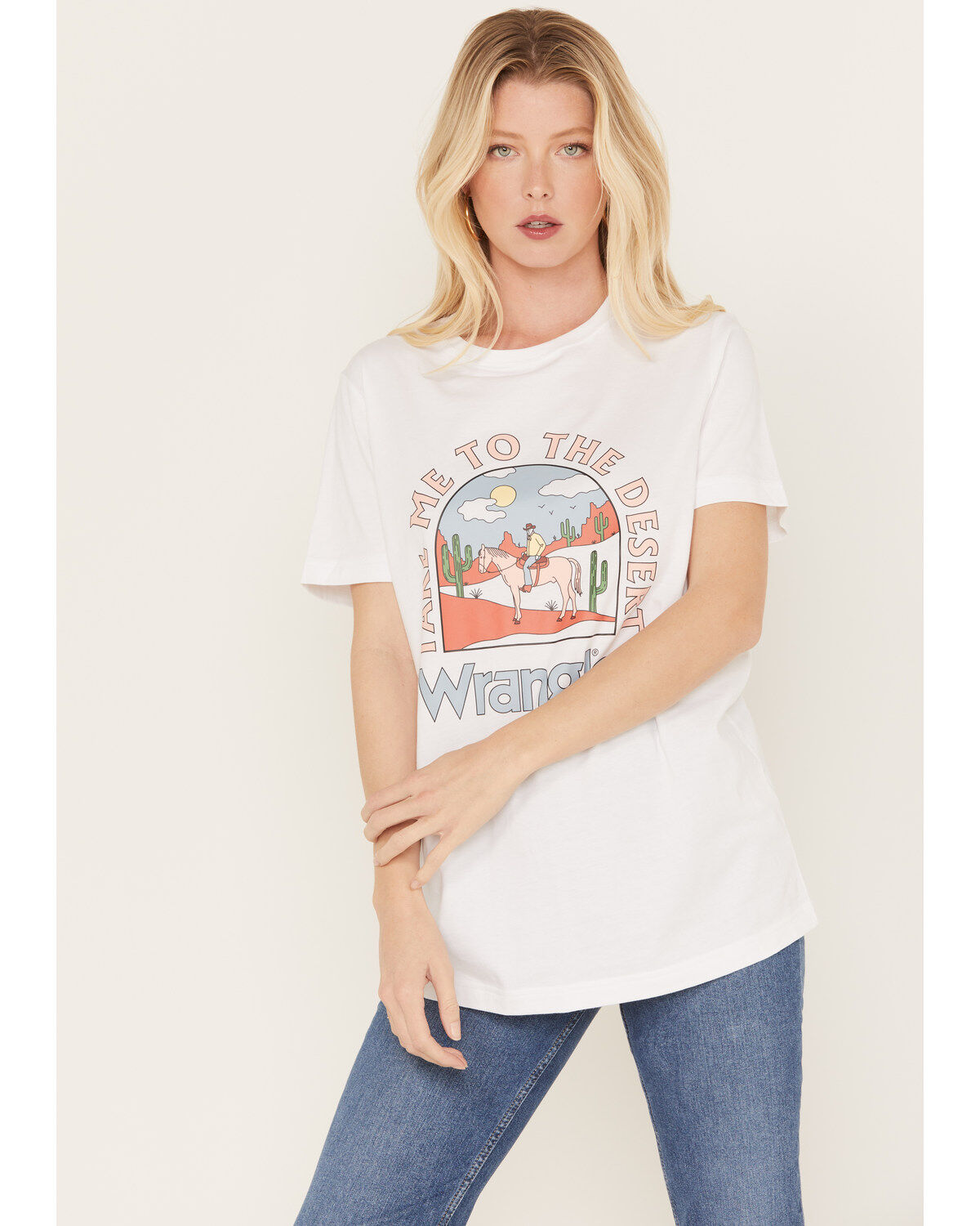 Image #1 - Wrangler Women's Boot Barn Exclusive Take Me To The Desert Short Sleeve Graphic Tee, Ivory, hi-res